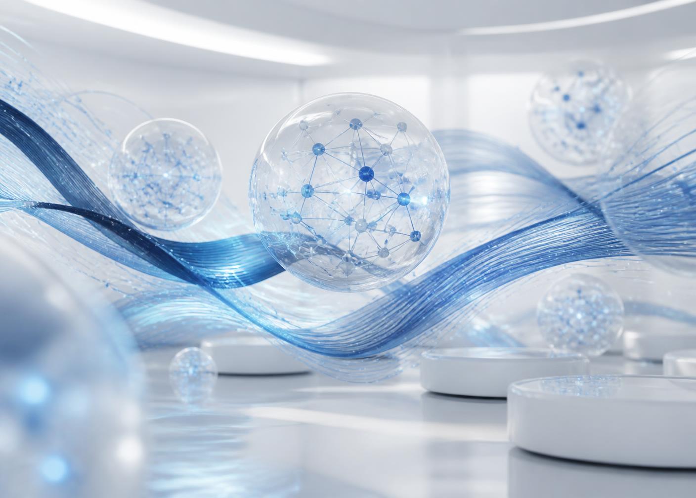 Abstract visualisation of neural networks and information flowing through an AI research environment