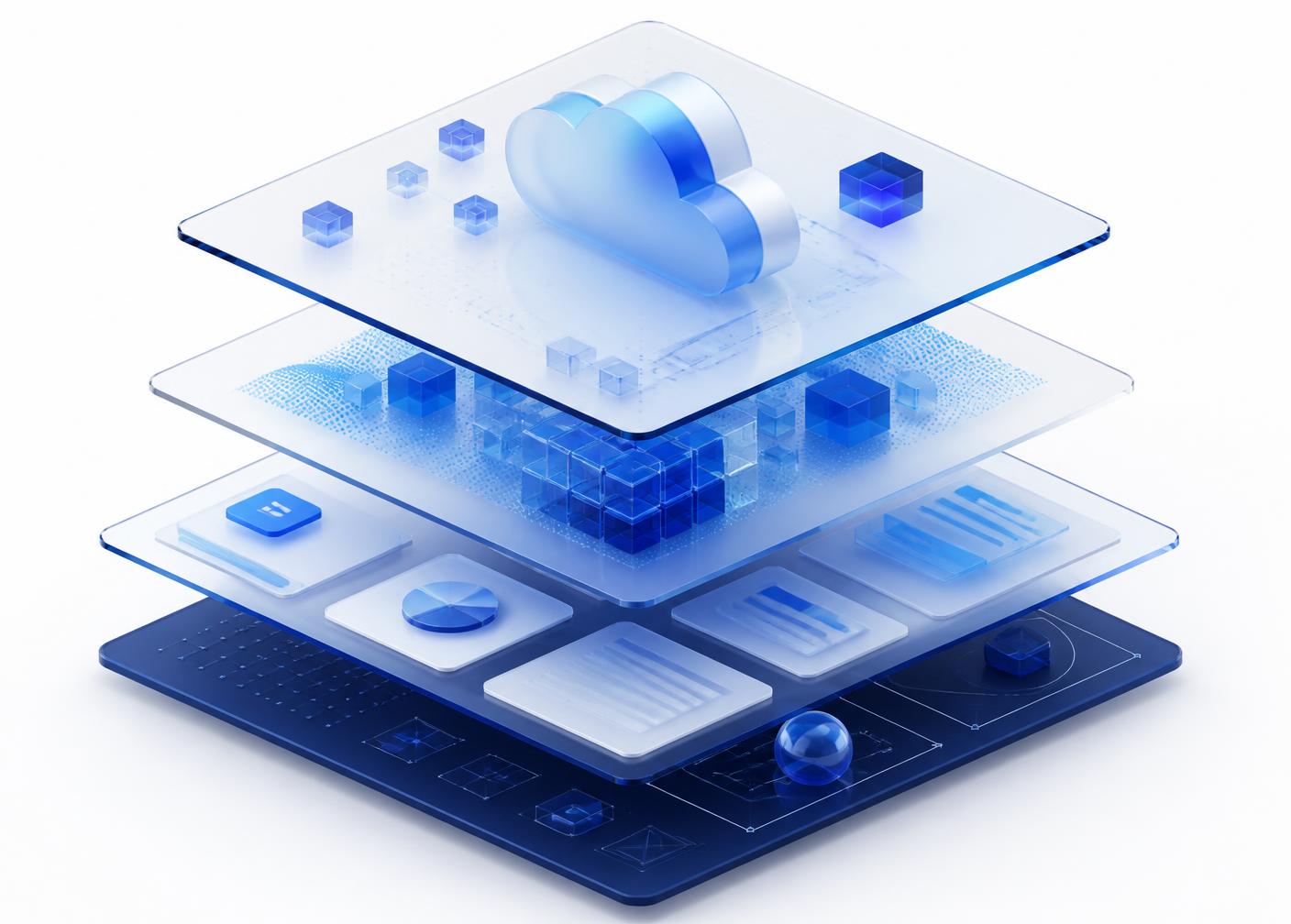 Layered illustration of the cloud, data, application and design layers of a technology stack