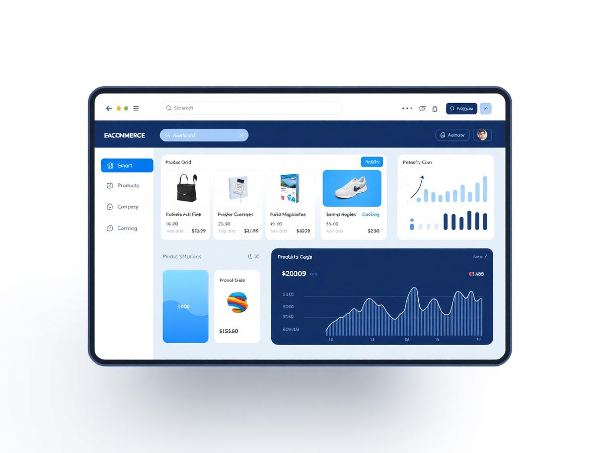 E-commerce admin dashboard concept with product grid and revenue analytics